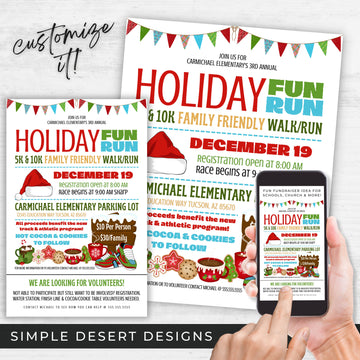 festive holiday themed fun run walkathon flyers for school fundraising or community christmas fundraiser